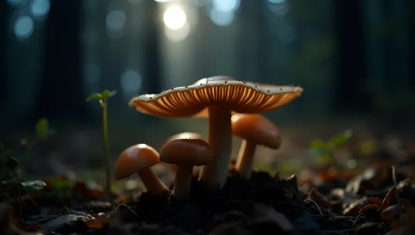 Brown Mushrooms Growing on Forest Floor at Night