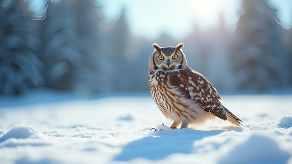 Brown owl perched on pristine snow-covered ground under bright daylight