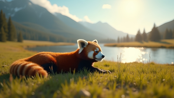 Brown panda resting calmly near a gently flowing river in a sunlit open field under a clear blue sky