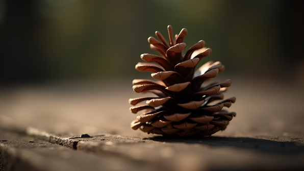 Close-up of a brown pine cone resting on a rustic wooden surface with natural lighting highlighting its textured scales