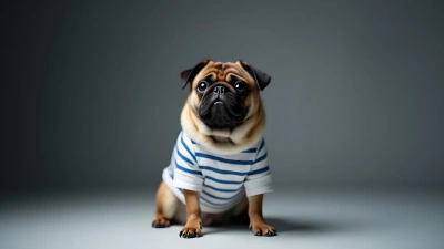 Brown Pug Wearing Striped Shirt Calmly Sitting
