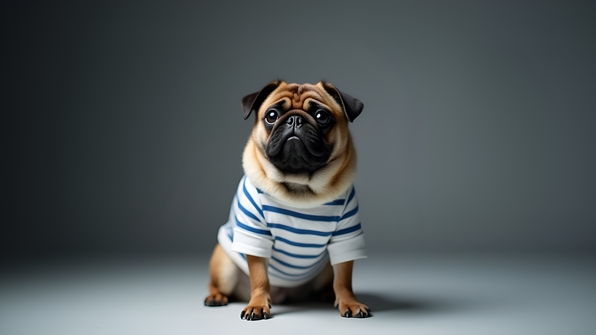 Brown pug wearing a white shirt with blue horizontal stripes sitting calmly in a studio