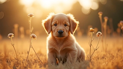 Brown Puppy Sitting on Dry Grass Outdoors