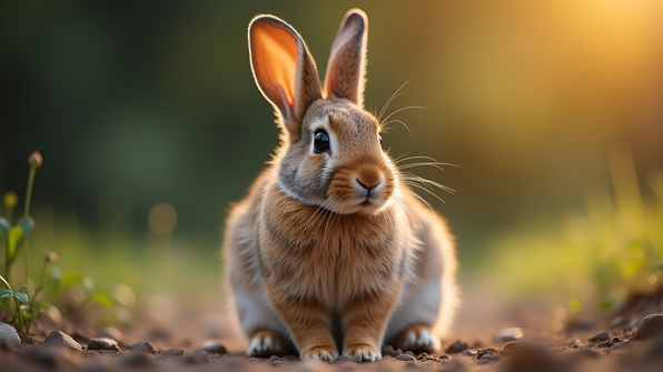 Close-up of a brown rabbit sitting on natural ground showing detailed fur texture and soft outdoor lighting
