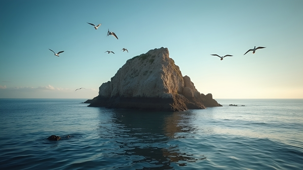 Brown rock formation rising from calm water with a distant horizon under a clear blue sky