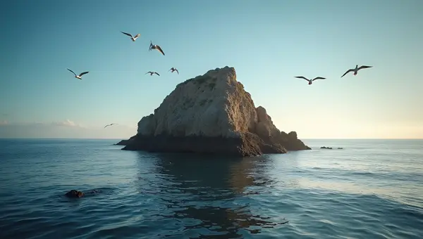 Brown Rock Formation Rising From Calm Water