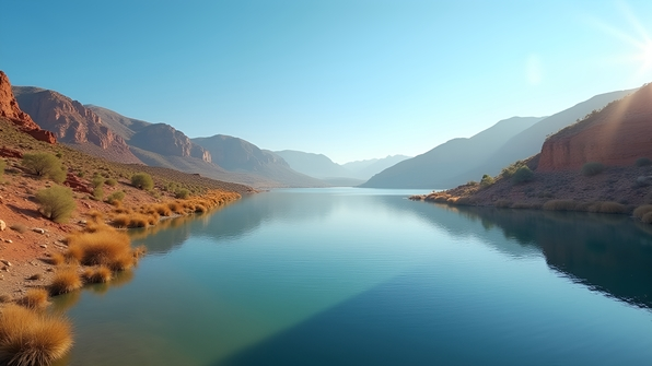 Scenic brown rock formations beside a calm lake under a clear blue daytime sky