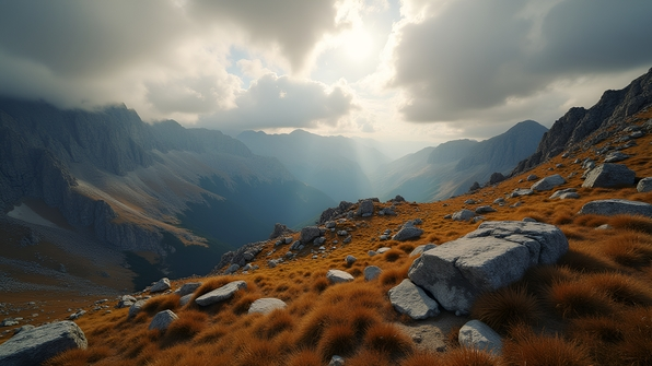 Scenic brown rocky mountain landscape under a dramatic cloudy sky with soft daylight