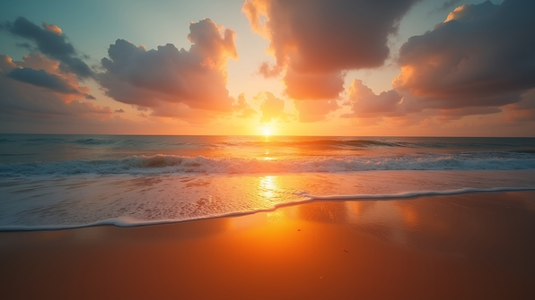 Brown Sandy Seashore At Golden Sunset