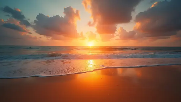 Brown Sandy Seashore At Golden Sunset