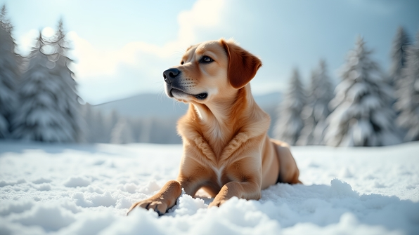 Brown short-coated dog sitting attentively on bright snow-covered ground under clear daytime sky