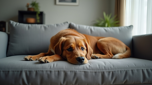 Brown short-haired dog resting comfortably on a modern gray fabric couch in a bright minimalist living room