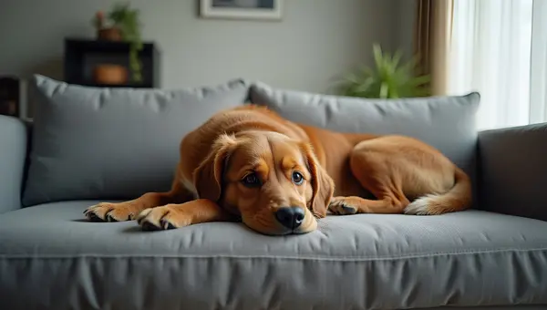 Brown Short-Haired Dog Resting On Gray Couch