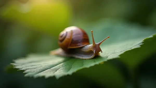 Brown Snail Close-Up on Green Leaf