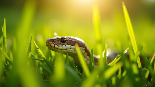 Close-up of a brown snake slithering through vibrant green grass blades in bright sunlight