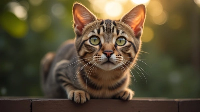 Brown Tabby Cat With Green Eyes On Fence