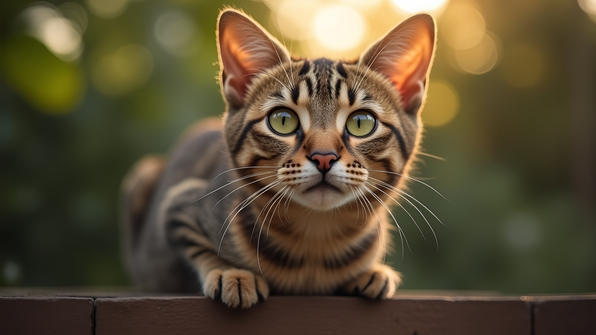 Close-up of a brown tabby cat with striking green eyes sitting on a wooden fence in soft natural sunlight