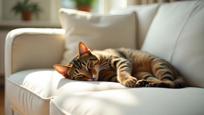 Brown Tabby Cat Lounging On White Sofa
