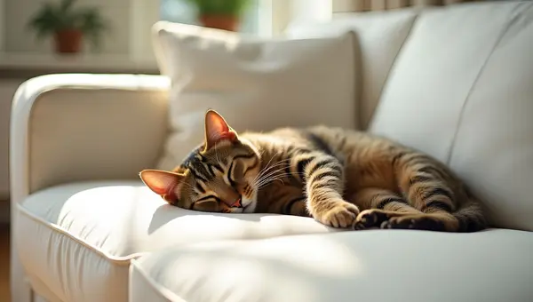 Brown Tabby Cat Lounging On White Sofa
