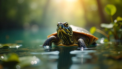 Brown Turtle Swimming in Clear Freshwater
