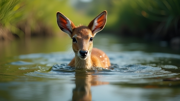 Brown and white animal wading in clear water with gentle ripples surrounded by greenery