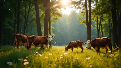 Brown and White Cows Grazing in Forest Clearing
