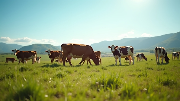 A peaceful herd of brown and white cows grazing on a lush green pasture under a clear blue sky during a sunny day