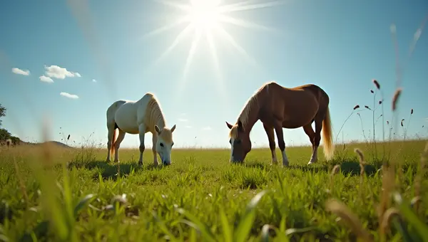 Brown And White Horses Grazing On Green Field