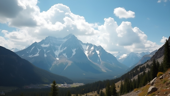 Scenic brown and white mountain range beneath fluffy white clouds under bright daytime sky