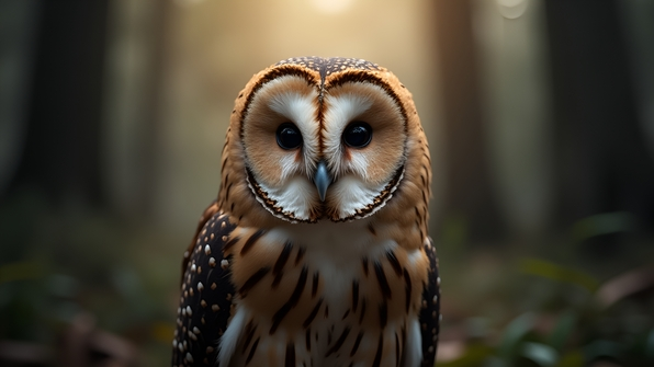 Close-up of a brown and white owl showing intricate feather details and bright piercing eyes