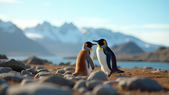 Two brown and white penguins waddling across a rugged stone-covered field under soft daylight