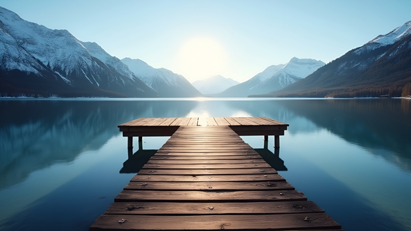 Brown wooden dock extending over a calm lake with snow-covered mountains in the background