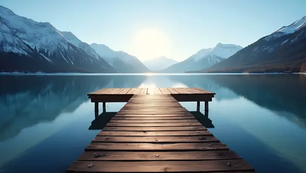 Brown Wooden Dock Over Calm Lake With Mountains