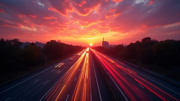 Time lapse photo of busy highway with streaks of car lights under vibrant orange and purple sunset sky