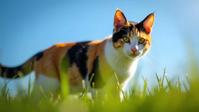 Calico Cat Standing Alert on Grass