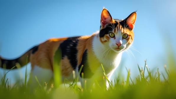 Calico cat with vibrant orange, black, and white fur standing alert on lush green grass under a clear blue sky