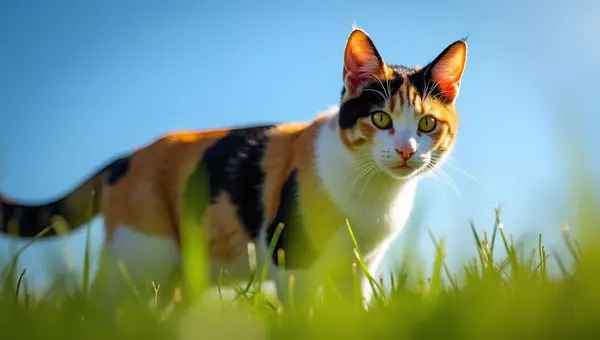 Calico Cat Standing Alert on Grass