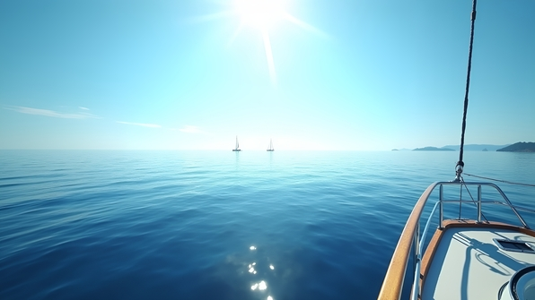 Scenic view of calm blue water stretching to the horizon from a boat deck under clear skies