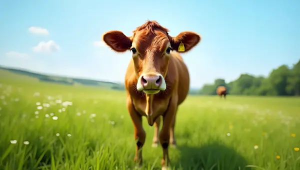 Calm Brown Cow Close-Up In Green Pasture