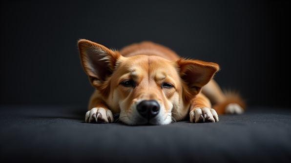 Calm dog resting peacefully on a smooth black surface with soft lighting highlighting its fur texture and serene expression