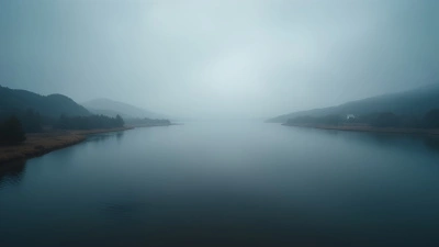 Calm Lake Reflecting Overcast Sky in Misty Landscape