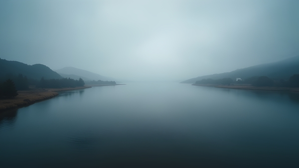 Calm lake reflecting overcast grey sky with gentle ripples in a misty landscape