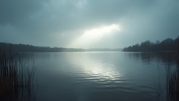 Calm lake reflecting overcast gray sky with gentle ripples and distant tree-lined shore