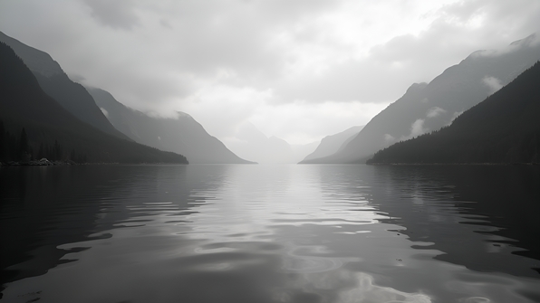 Grayscale image of a calm lake with gentle ripples surrounded by misty mountains under a cloudy sky