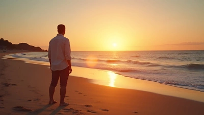 Calm Man Standing On Sandy Beach At Sunset
