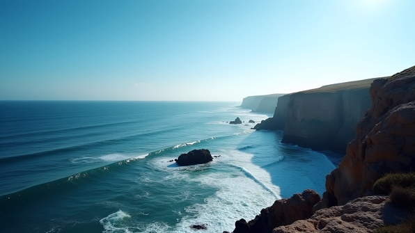 Calm ocean gently lapping against rugged rocky coastline under clear blue sky