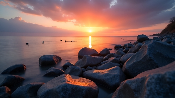 Scenic view of gray and black rocks along a calm shoreline at sunset with warm orange and purple sky reflecting on tranquil water surface