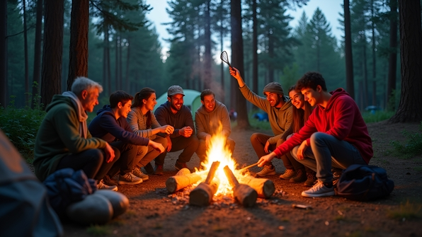 A diverse group of friends enthusiastically building a campfire in a forest clearing during sunset