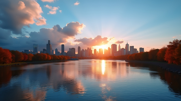 Canadian city skyline with autumn foliage and calm river reflection at sunrise