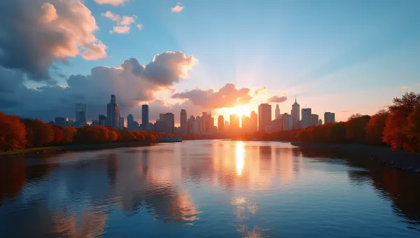 Canadian City Skyline With Autumn River Sunrise